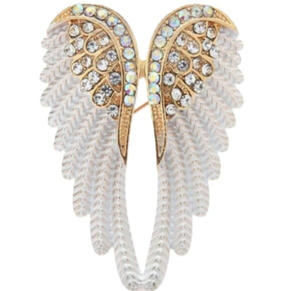 Vintage Gold & White Angel Wing Brooch - Picture 1 of 3